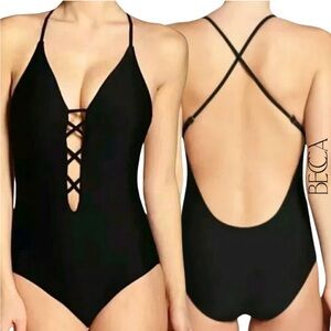 BCA Strappy Lattice Front One Piece Swimsuit Black L
